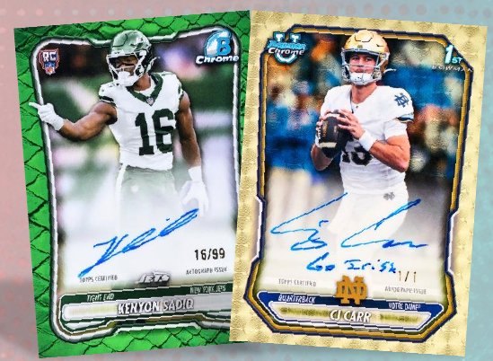 Kenyon Sadiq (New York Jets) and CJ Carr (Notre Dame) 2026 Bowman Football Chrome autographs, Topps sample