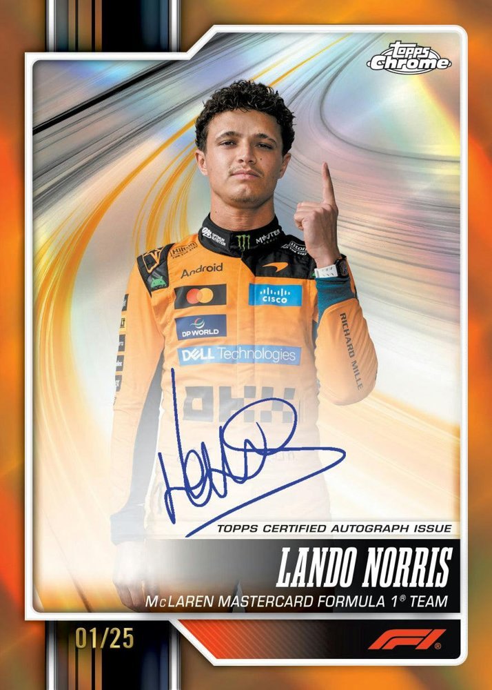 Lando Norris 2026 Topps Chrome Formula 1 Chrome Autograph Orange Refractor numbered to 25, McLaren, Topps sample
