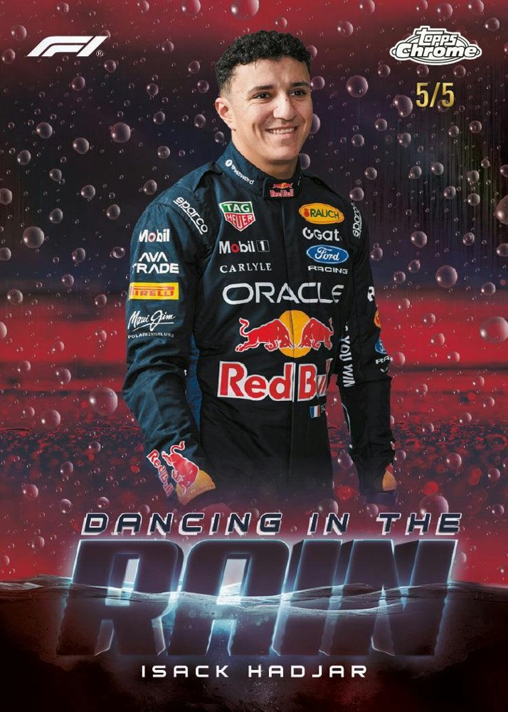 Isack Hadjar 2026 Topps Chrome Formula 1 Dancing in the Rain insert Red Refractor numbered to 5, Topps sample