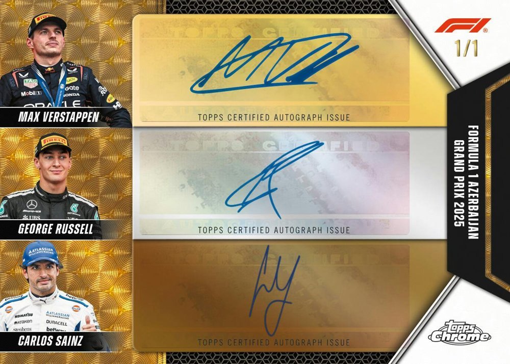 Max Verstappen, George Russell and Carlos Sainz 2026 Topps Chrome Formula 1 Podium Triple Autograph 1/1, Topps sample