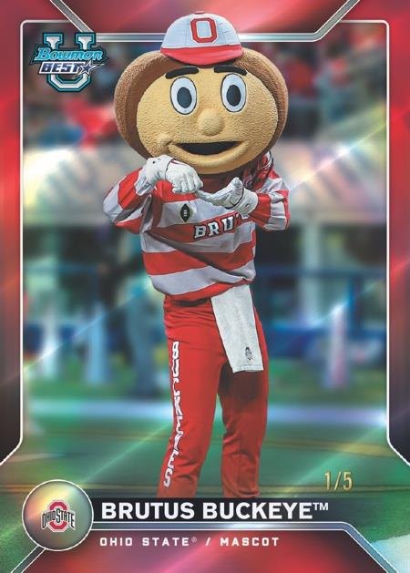 Brutus Buckeye 2026 Bowman U Best Football mascot base card numbered to 5, Topps sample